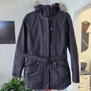Columbia Women's Charcoal/Dark Gray Omni Heat Jacket w/Belt and Faux Fur Hood